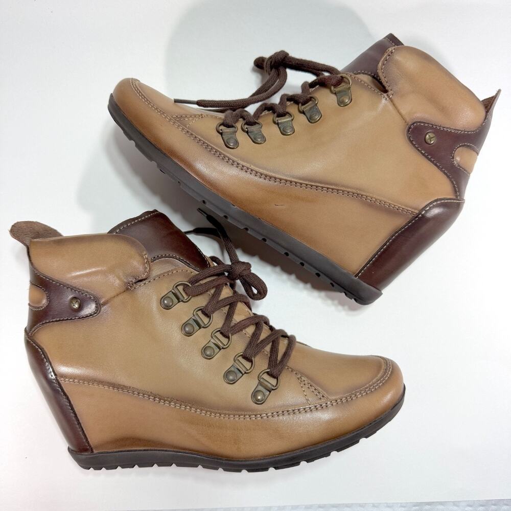 Pikolinos OLMO 890-9700 Womens Hidden Wedge Boots Leather Light Brown Sz 8.5 NIB